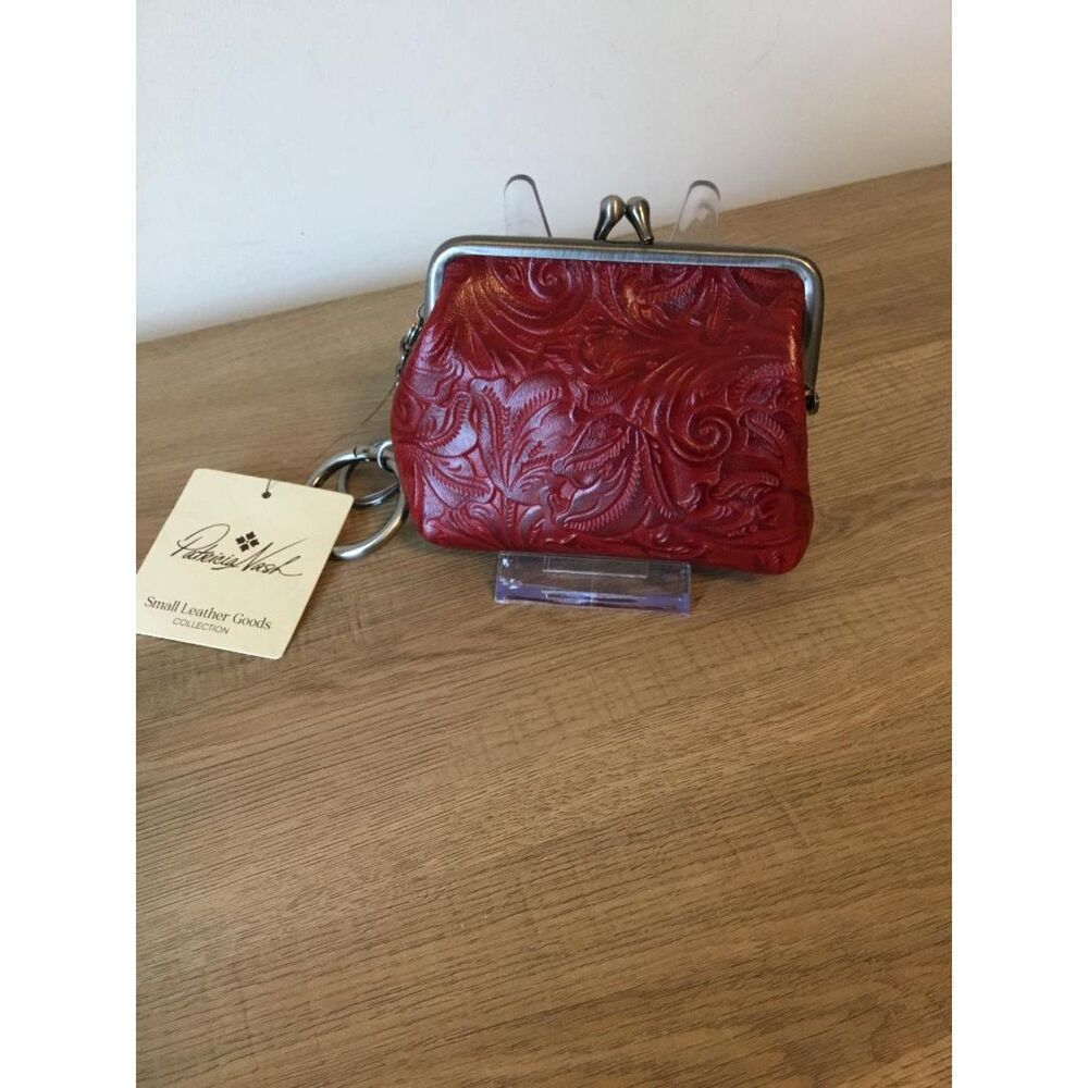Patricia Nash (Lava) Oxblood Red Floral Tooled Leather Kiss-Lock Pouch NWT